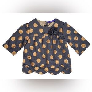 Girls Gray Gold Polka Dot Shirt 12 - 18 Months Scalloped Hem Novelty Whimsical
